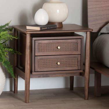 Alyssa Wood 2-Drawer Nightstand Woven with Rattan In Walnut Brown