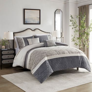 Amelia 5 Piece Textured Jacquard Stripe King/Cal King Comforter Set with Throw Pillows In Grey