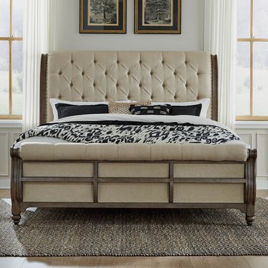 Americana Farmhouse California King Sleigh Bed In Dusty Taupe and Black