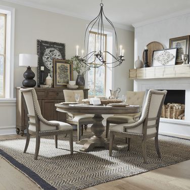 Americana Farmhouse Pedestal Dining Set In Dusty Taupe and Black