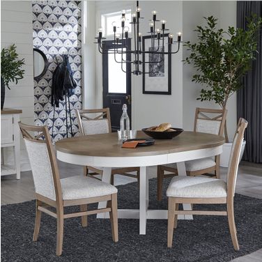 Americana Modern 48 Inch Round Extendable Dining Table and 4 Upholstered Chairs In Beige