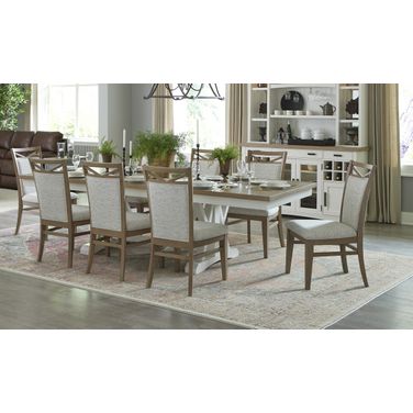 Americana Modern Dining Extendable Trestle Table With 8 Upholstered Chairs In Beige