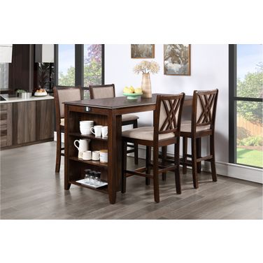Amy 5 Piece 60 Inch Counter Storage Table and Chairs In Brown Cherry
