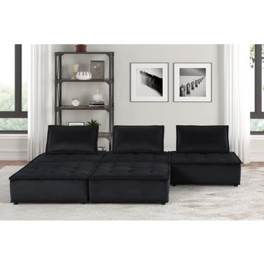 Anna 120 Inch Velvet 5 Piece Sectional Sofa Ottoman In Black