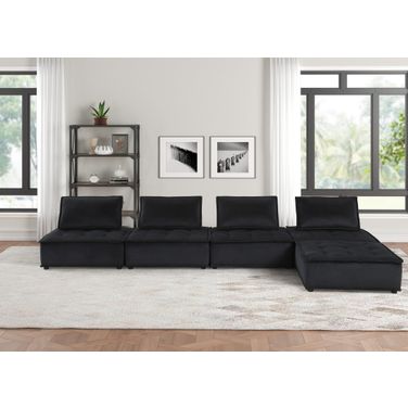 Anna 160 Inch Velvet 5 Piece Sectional Sofa Ottoman In Black