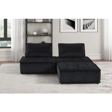 Anna 80 Inch Velvet 3 Piece Sectional Sofa Ottoman In Black