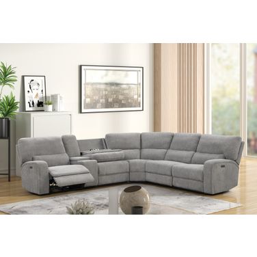 Anthony Wide Chenille Fabric Power Reclining Sectional with Power Headrest and Storage Cupholders In Light Gray