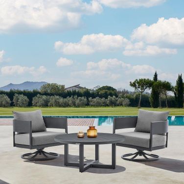 Argiope 3 Piece Patio Outdoor Swivel Seating Set In Dark Grey Aluminum With Grey Cushions