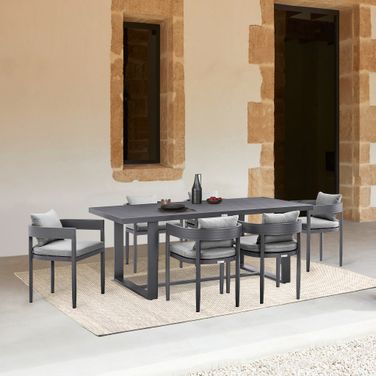 Argiope Outdoor Patio 7-Piece Dining Table Set In Aluminum with Gray Cushions
