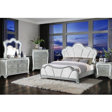 Aria Upholstered Bedroom Set with LED In Silver