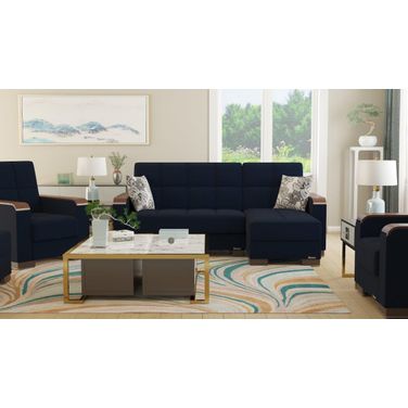 Armada X Upholstered Convertible Wood Trimmed Chaise Lounge with Storage In Dark Blue