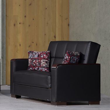 Armada X Upholstered Convertible Wood Trimmed Loveseat with Storage In Black ARM-W-LS-315-PU