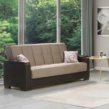 Armada X Upholstered Convertible Wood Trimmed Sofabed with Storage In Brown And Sand