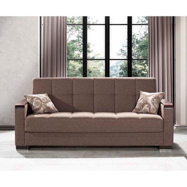 Armada X Upholstered Convertible Wood Trimmed Sofabed with Storage In Light Brown