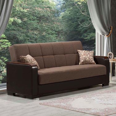 Armada X Upholstered Convertible Wood Trimmed Sofabed with Storage In Brown ARM-W-SB-314