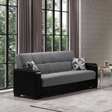 Armada X Upholstered Convertible Wood Trimmed Sofabed with Storage In Gray and Black