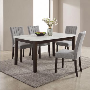 Aron Dining Room Set In White Faux Marble and Dark Wood Legs