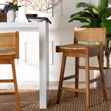 Asgart Natural Rattan and Mahogany Wood Barstool In Light Honey and Natural Brown
