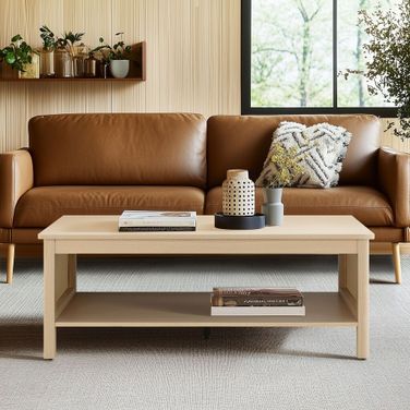 Ashlyn 2-Tier Coffee Table with Rattan Sides and Spacious Open Shelf Storage In Natural