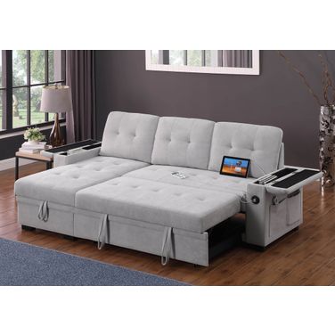 Ashlyn II 84"W Woven Fabric Reversible Sleeper Sectional Sofa In Gray