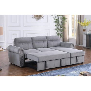 Ashton Gray Velvet Fabric Reversible Sleeper Sectional Sofa Chaise