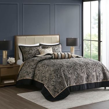 Aubrey 5 Piece Jacquard King Bedspread Set with Throw Pillows In Black