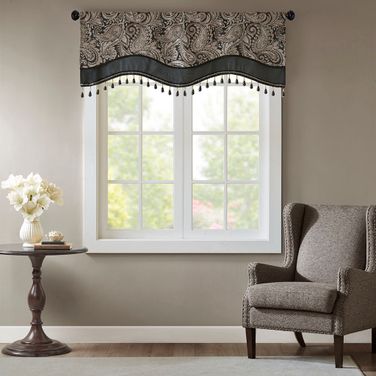 Aubrey Jacquard Window Rod Pocket Valance with Beads In Black