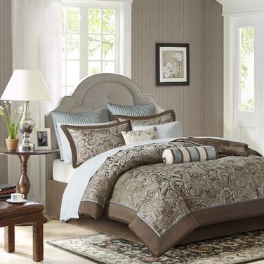 Aubrey Polyester Polyoni Solid Pieced 12 Piece Full Comforter Set In Blue/Brown