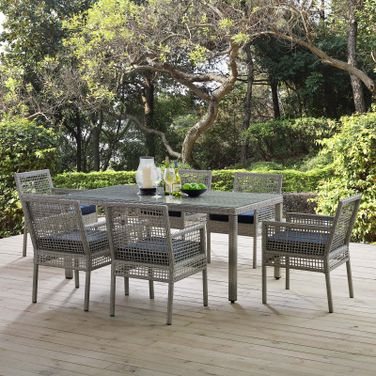 Aura Gray Navy 7 Piece Outdoor Patio Wicker Rattan Set