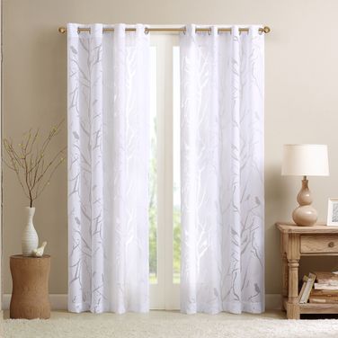 Averil Grommet Top Sheer Bird On Branches Burnout 63 Inch Window Curtain In White