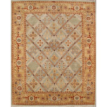 Azerbaijan Collection Hand-Knotted Lamb's Wool Area Rug- 9' 2" x 12' In Light Blue and Camel