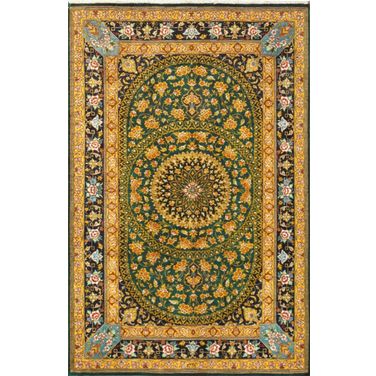 Azerbaijan Collection Hand-Knotted Pure Silk Area Rug- 2' 6" x 4' In Green