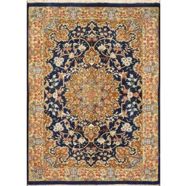 Azerbaijan Collection Hand-Knotted Pure Silk Area Rug- 2' x 2' 7" In Navy and Gold
