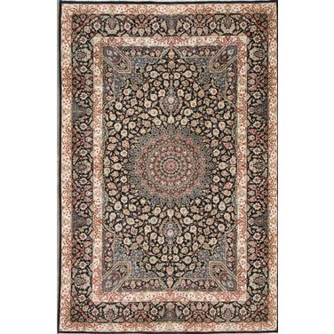 Azerbaijan Collection Hand-Knotted Pure Silk Area Rug- 3' 2" x 4'10" In Black