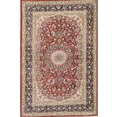Azerbaijan Collection Hand-Knotted Pure Silk Area Rug- 3' 3" x 4'11" In Red and Navy