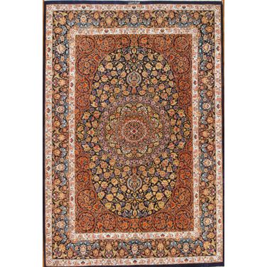 Azerbaijan Collection Hand-Knotted Pure Silk Area Rug- 4' 6" x 6' 8" In Navy