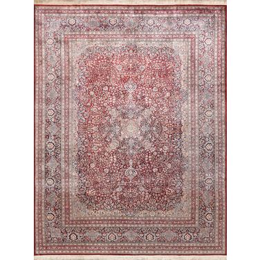 Azerbaijan Collection Hand-Knotted Pure Silk Area Rug- 9' 3" x 12' 1" In Red and Navy