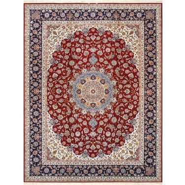 Azerbaijan Collection Hand-Knotted Silk and Wool Area Rug-10' 2" x 13' 3" In Red and Navy