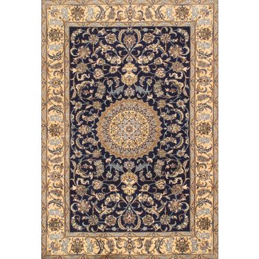 Azerbaijan Collection Hand-Knotted Silk and Wool Area Rug- 6' 5" x 9' 9" In Navy and Ivory