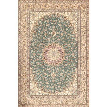 Azerbaijan Collection Hand-Knotted Silk and Wool Area Rug- 6' 7" x 10' 7" In Ivory and Green