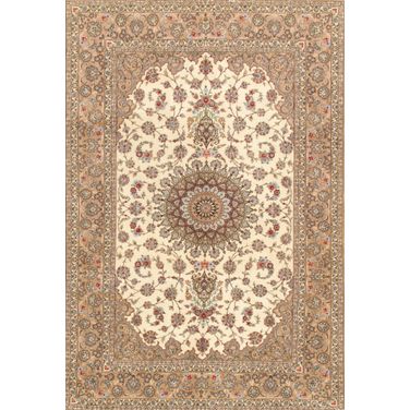 Azerbaijan Collection Hand-Knotted Silk and Wool Area Rug- 6' 9" x 10' 2" In Ivory and Coco