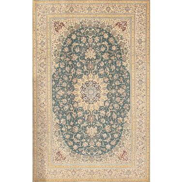 Azerbaijan Collection Hand-Knotted Silk and Wool Area Rug- 7' 1" x 10'11" In Ivory and Green