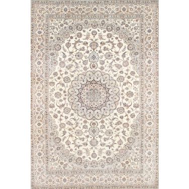Azerbaijan Collection Hand-Knotted Silk and Wool Area Rug- 7' 3" x 10' 9" In Ivory