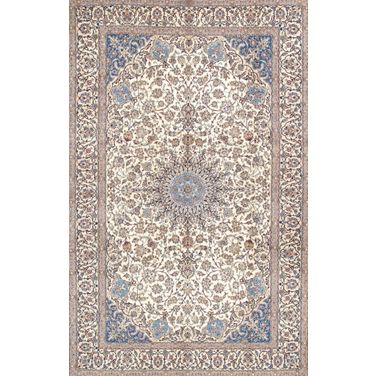 Azerbaijan Collection Hand-Knotted Silk and Wool Area Rug- 7' 3" x 11'11" In Ivory
