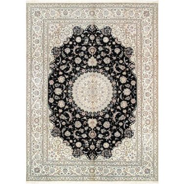 Azerbaijan Collection Hand-Knotted Silk and Wool Area Rug- 8' 5" x 11' 6" In Black and Ivory