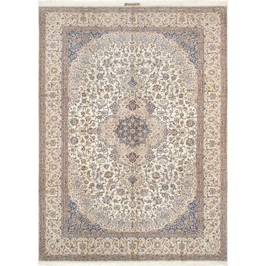 Azerbaijan Collection Hand-Knotted Silk and Wool Area Rug- 8' 6" x 12' In Ivory and Peach