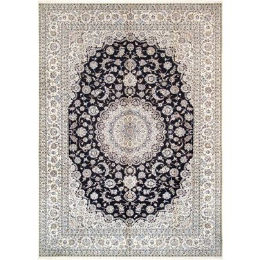 Azerbaijan Collection Hand-Knotted Silk and Wool Area Rug- 8' 7" x 12' 1" In Navy and Ivory