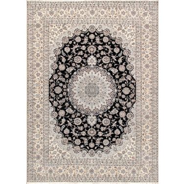 Azerbaijan Collection Hand-Knotted Silk and Wool Area Rug- 9'10" x 13'10" In Navy and Ivory
