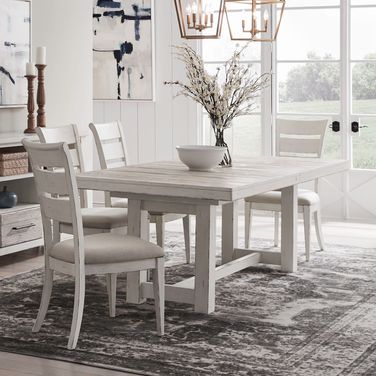 Backroads Trestle Dining Room Set In Weathered White and Parchment Brown
