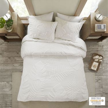 Bahari Cotton Chenille Palm 3 Piece King Duvet Cover Set With Tufted Technique In Off White